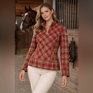 Vintage Escada Sport Red Plaid Wool Equestrian Leather Trim Zip Jacket Size 8